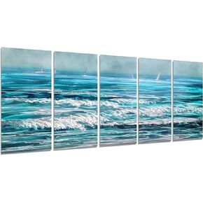 GALLERIEWALLA Coastal Metal Wall Art - 3D Blue Sea Wave Aluminum Artwork for Living Room Decor