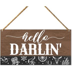 Western Sign Wood Decor, Farmhouse Hanging Sign Decoration for Home Front Door Living Room Girl Bedroom Wall Decor, Housewarming Gifts for Cowgirl, Hello Darlin'