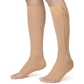 KEKING® Zipper Compression Socks for Men Women, Open Toe, 20-30mmHg Firm Support Knee High Zipper Compression Stockings for Wide Calf - Varicose Veins, DVT, Shin Splints, Edema, Nursing, Beige L