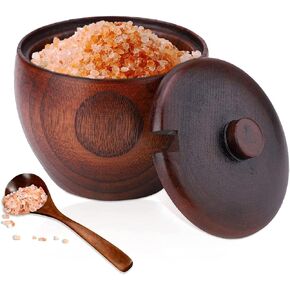 HERCHR Wood Spice Jar, Wood Salt Box with Lid and Spoon, Salt Cellar Sugar Bowl Pepper Seasoning Container Holder Spice Box Kitchen Tool 3.2x3.5inch for Kitchen, Serving, Condiment