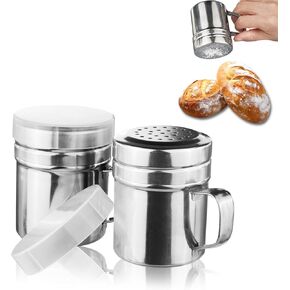2 Pcs Powdered Sugar Shaker Duster - With Handle - Seasonings Spice Shakers With Holes and Lids - for Salt,Sugar,Spice,Coffee Flour Ect,6 Ounce Stainless Steel Baking Soda Shaker (small)
