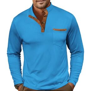Men's Stand Collar Henley Shirts Long Sleeve Basic Pullover Shirt Casual Athletic Button Tees with Pockets Navy Blue