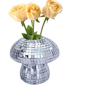 Small Disco Mushroom Vase,Glass Mushroom Vase,Silver Mirror Mushroom Flower Vase,Hydroponic Containers Flower Arrangement Glass Disco Decor Mushroom Vase for Garden Wedding,Table Centerpieces,Office