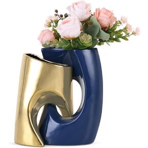 Funky Black and Gold Vase Set of 2, Donut Gold Vases Home Decor, Modern Ceramic Flower Vase Table Art Decorative Vase, for Mantel Kitchen Island Shelves Pampas Grass Centerpieces Nordic Boho Vase