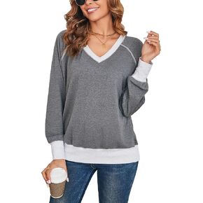 VOBCTY Women Long Sleeve Oversized Sweatshirts V Neck Pullover Tops Color Block Tunic