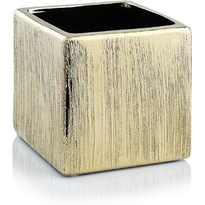 WGV Ceramic Cube Vase Width 4" Height 4" (Fits 3" Pot) Elegant Modern Block Square Floral Planter Terrarium Container Table Dresser for Event Accent Home Office Decor Gold Textured 1 Piece