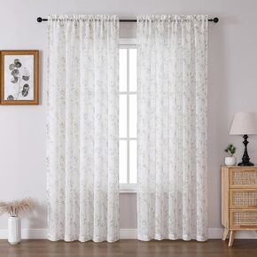 MISS SELECTEX Grey Curtains52 X 95 Inches Length 2 Panels Print Flower Pattern Pocket Floral Sheer Voile Window Curtains/Drapes for Bedroom Living Room