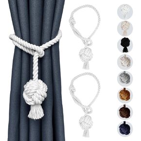 Remunkia 2 Pieces Curtain Tiebacks, Outdoor Curtain Tiebacks, Boho Curtain Tiebacks with Handmade Natural Cotton Rope and Balls, Bohemian Style Simple Decorative Curtain Tiebacks (Beige, 2)