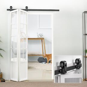 LWZH 36''/3FT Bi-Folding Sliding Barn Door Hardware Kit,Folding Barn Door Set,Heavy Duty Top Mounted Black Roller for 2 Doors