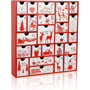 Advent Calendar with 24 Storage Drawers Countdown to Christmas, 24 Day Red Wooden Christmas Advent Decoration