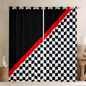 Race Car Curtain for Bedroom,Black White Checkered Grid Window Curtain for Girls Teens,Racing Themed Red Stripes Geometric Decor Microfiber Window Treatment, 42Wx84L inch