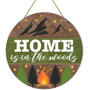Camping Sign Wall Decor, Summer Camp Round Hanging Sign Decor Farmhouse Wall Decorations Woodland Sign for Cabin, RV, Front Door, Porch, Nursery, Gift for Camper Retirement, The Adventure Begins
