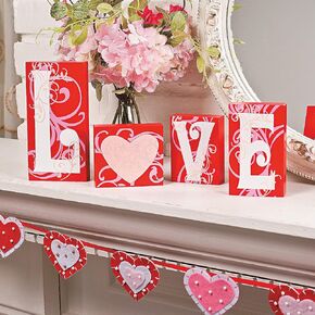 Love Blocks Wooden V-day Gift Table Top Decoration Home Accent Red Pink White Scrolls Heart Shape Design Romantic Sign L O V E Words Valentine's Day Decor (Original Version)