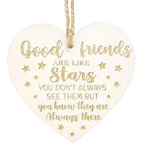 Wooden Hanging Heart Plaque, Good Friends Are Like Stars Carved Plaques, Christmas Valentines Birthday Gift for Friends, Wood Hanging Sign for Wall Door Decor(C19)