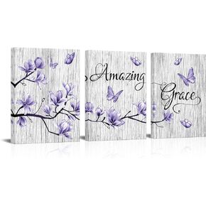 Visual Art Decor Purple Wall Decor Abstract Flowers and Butterfly Painting Purple Canvas Wall Art Amazing Grace Print Bathroom Bedroom Home Office Wall Decoration, Framed Artwork (Purple)