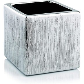 WGV Ceramic Cube Vase Width 4" Height 4" (Fits 3" Pot) Elegant Modern Block Square Floral Planter Terrarium Container Table Dresser for Event Accent Home Office Decor Silver Textured 1 Piece