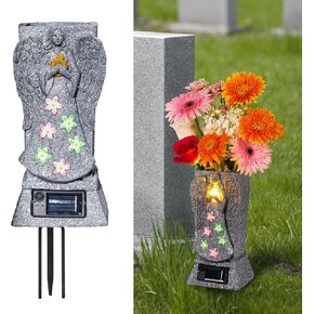 Solar Cemetery Grave Vase with LED for Fresh/Artificial Flowers Headstones Vases with Spikes Gravestone Decor Memorial Gifts for Loss of Loved One (Cross)