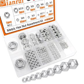 Dianrui 276PCS 304 Stainless Steel Metric Hex Nuts and Flat Washers Assortment Kit, M3 M4 M5 M6 M8 M10 M12 Hexnut and Flat Washer Set
