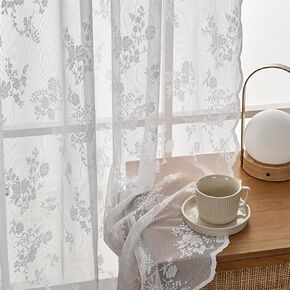 a moment Sheer Lace Curtains 63 Inches Long - Romantic Flowers and Foliage Lace Curtains for Living Room, Scalloped Privacy Lace Curtain Panels Rod Pocket，2 Panels，52 x 63 Inch White