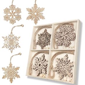 12 Pcs Wooden Snowflakes Ornaments 3 inch Christmas Wood Snowflake Hanging Decorations with Twine, Unfinished Rustic Farmhouse Bulk Cutouts for DIY Painting Xmas Tree Crafts Decor