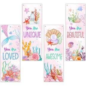 4pcs Mermaid Wall Decor, Mermaid Bedroom Decor, Under The Sea Wall Art For Girls Room, You Are Loved You Are Unique Wood Hanging Sign For Girls Room Bedroom Nursery Playroom Bathroom Decor, 08