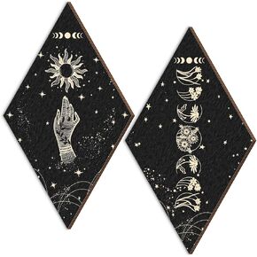 2 Pieces Boho Wall Decor Moon Phases Wall Art Minimalist Boho Wall Decoration Sun and Moon Wall Hanging Decor Farmhouse Rustic Wall Pediments Moon Phases for Bedroom Living Room, 6.7 x 11.8 Inches
