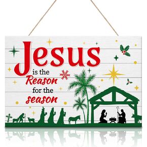 Whaline Christmas Wooden Hanging Sign Jesus Is the Reason for the Season Wall Sign JOY Shaped Wood Hanging Sign for Xmas Winter Indoor Outdoor Farmhouse Home Party Decor