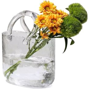 Glass Vase with Elegant Purse Design Clear Bag Glass Vase Glass Purse Vase with Handle and Bubbles Unique Flower Vase for Home/Office/Garden/Wedding/Events Decorations