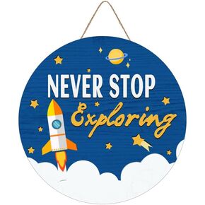 Outer Space Wood Sign Plaque Colorful Rocket Wall Door Sign, Never Stop Exploring Inspirational Quote Wooden Hanging Sign Decoration Kids Room Playroom Classroom Kindergarten 12" X 12"