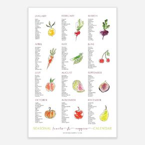 Seasonal Fruit and Vegetable Calendar print of original watercolor art - 12"x18" - unframed - Kitchen Decor, Dining Room Wall Art, Health Poster for Classroom