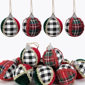 12 Pcs Christmas Buffalo Plaid Ball Ornament for Tree- 2" Fabric Wrapped Plaid Hanging Ball Ornaments- Rustic Spliced Tartan Ball Tree Decoration for Xmas Party Home Decor