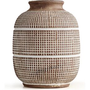 Octdays Rustic Ceramic Vase Decor: Farmhouse Clay Flower Vase for Home Decor Terracotta Vase Pottery Decorative Vases for Living Room Mantel Kitchen Shelf Table Decoration