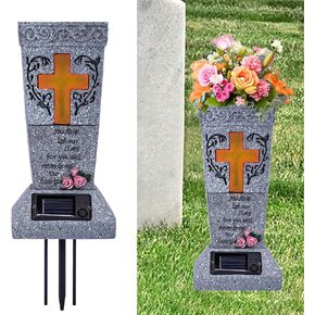 Ragyzity Solar Cemetery Vase with LED for Fresh/Artificial Flowers, Cemetery Flowers Vase with Spikes, Headstone Decorations Floral Holder, Cemetary Grave Decorations Garden Decor Memorial Gifts