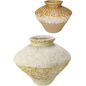 Rustic Vase Set of 2(Pottery Vase and Porcelain Vase),Farmhouse Vases,Ceramic Flower Vase for Home Decor,Beige and Brown