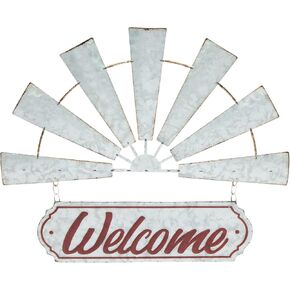 Farmlyn Creek Windmill Welcome Sign for Rustic Farmhouse Wall Decor, Galvanized Metal (White, 17 x 15 In)