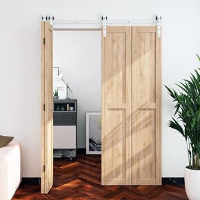DIYHD 75-1/2" White Bifold Sliding Barn Door Hardware,Heavy Duty Front Mount Bi Folding Closet Kit for 4 Doors,Fit MAX Door Width 70",(No Door)