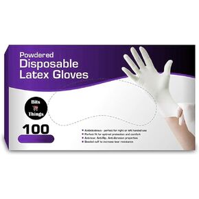 Bits N Things Latex Disposable Gloves, Comfortable, Powdered, 100 per Box
