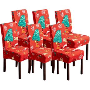 Genina Christmas Chair Covers for Dining Room Chair Covers Slipcovers for Dining Chairs Covers Stretch Chair Slipcovers for Parson Chairs Slipcovers Kitchen Chair Covers (Santa+tree, 6 PCS)