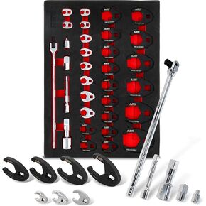 ABN Crows Foot Wrench Set with Extension Bars - 14pc Standard SAE Tight Clearance Brake Line Wrench Set - Offset Open End Wrenches for Hard to Reach Jobs