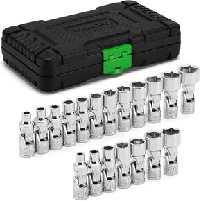 19-Piece 1/4-Inch Drive Universal Joint Socket Set, Swivel Socket Set, 6-Point, SAE (3/16" to 9/16") and Metric (5mm to 15mm), CR-V, Universal Flex Socket for Easier Access to Tight Spaces