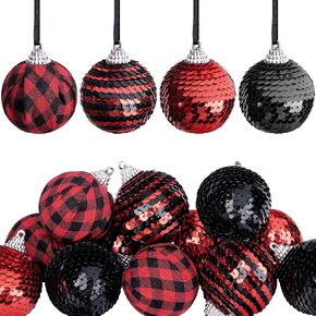 12pcs Black and Red Sequin Balls,1.96" Christmas Buffalo Plaid Hanging Balls,Shatterproof Xmas Checkered Tree Ornaments for Party Home Decor