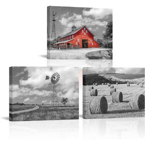 Red Barn Farmhouse Canvas Wall Art, Rustic Barn Windmill Straw Bales Landscape Printing Artwork for Home Living Room Bedroom Wall Decor, 12"x16" Set of 3