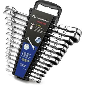 Prostormer Flex Head Ratcheting Wrench Set, SAE 1/4"-7/8",14-Piece Chrome Vanadium Steel Combination Wrench Set with Wrench Rack