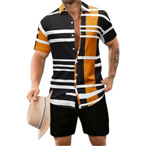 WDIRARA Men's 2 Piece Outfits Button Down Short Sleeve Collared Shirt and Shorts Set