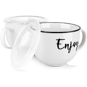 Soup Mugs with Handles and Vented Lids, 26 oz Microwavable Soup Bowls, Ceramic Mugs Set for Overnight Oats, Cereal, Noodles, Ramen, Pasta, Salad, Oversized Coffee Mugs, Set of 2, White