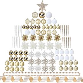 104 Pcs Christmas Ball Ornaments Set Christmas Tree Hanging Ornaments Shatterproof Xmas Tree Decorations Ribbon Poinsettia Flowers Tree Topper for Xmas Tree Holiday Party (Blue)