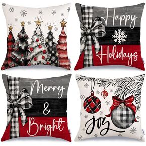 GEEORY Christmas Throw Pillow Covers 18 x 18 Inch Set of 4, Xmas Trees Merry and Bright Happy Holidays Farmhouse Decorative Cushion Cases for Home Decoration G418N-18