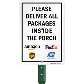 SmartSign 10 x 7 inch “Please Deliver All Packages Inside The Porch" Metal Sign with Symbols, 40 mil Laminated Rustproof Aluminum, 21.5 inch Tall Sign & Stake Kit, Multicolor, Made in USA