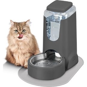 2 Pack Automatic Cat Feeder and Stainless Steel Water Dispenser, Gravity Dog Waterer Set Food Feeder and Waterer Set for Small Medium Kitten Puppy Pets(1 Gallon x 2, Charcoal Gray)
