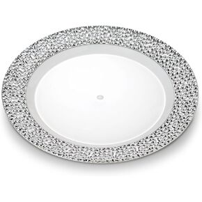 [48 Count - 7 Inch Plates] Laura Stein Designer Tableware Premium Heavyweight Plastic White Appetizer - Salad Plates With Silver Border, Party & Wedding Plate, Glitz Series, Disposable Dishes